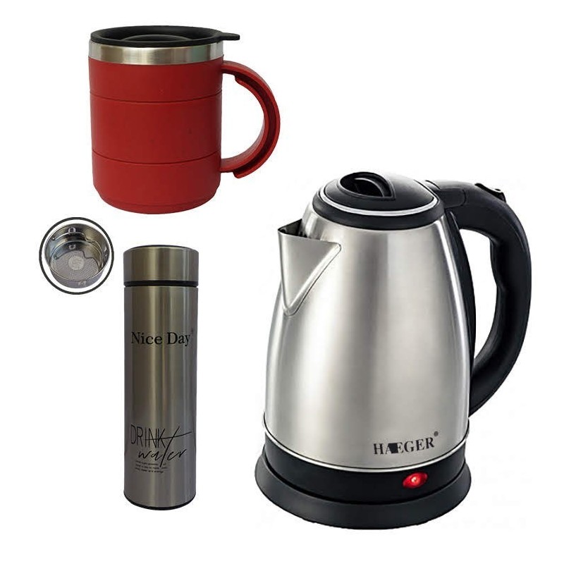 Pack Bouilloire Electrique 2L – 2200w + Thermos Nice Day 0.45L Gris + Tasse Thermos Rouge