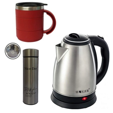 Pack Bouilloire Electrique 2L – 2200w + Thermos Nice Day 0.45L Gris + Tasse Thermos Rouge